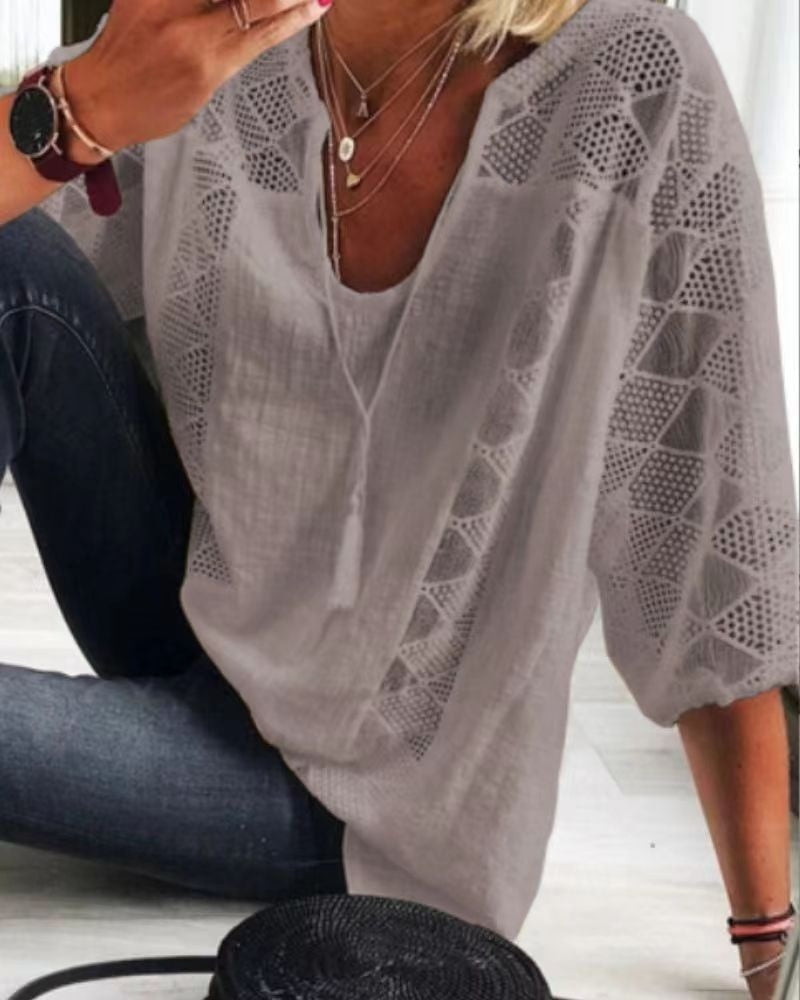 Lace Stitching U-neck 3 4 Sleeve T-shirt
