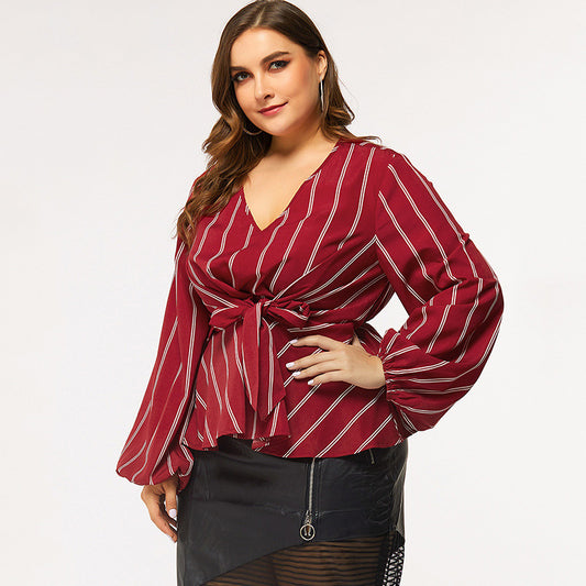 Long-sleeved V-neck Slim-fit Blouse
