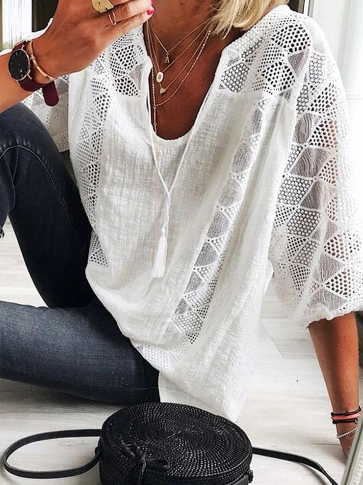 Lace Stitching U-neck 3 4 Sleeve T-shirt