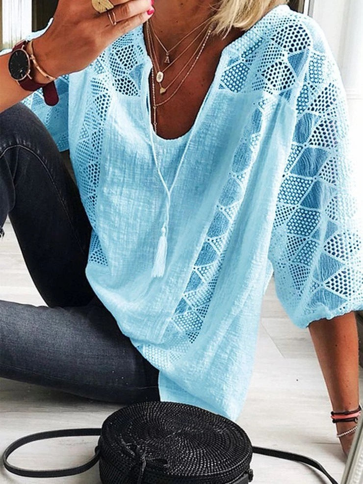 Lace Stitching U-neck 3 4 Sleeve T-shirt