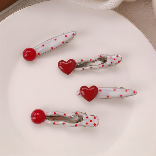 Red Stereo Love Heart-shaped Hairpin French Retro Dots Willow Leaf Clip